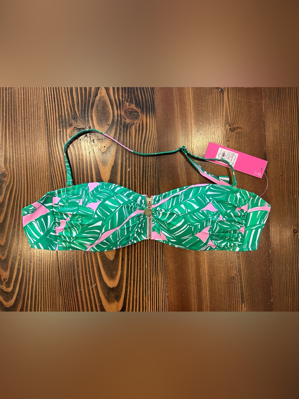 NWT Lilly Pulitzer Swim Bandeau Top Sz 12 Pink Green Banana Leaves Zip Front